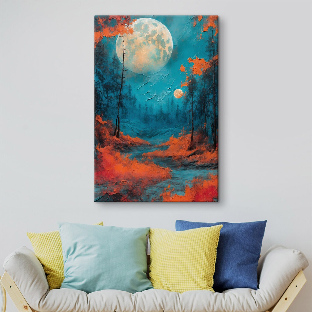 Painting of a forest with orange leaves and a full moon