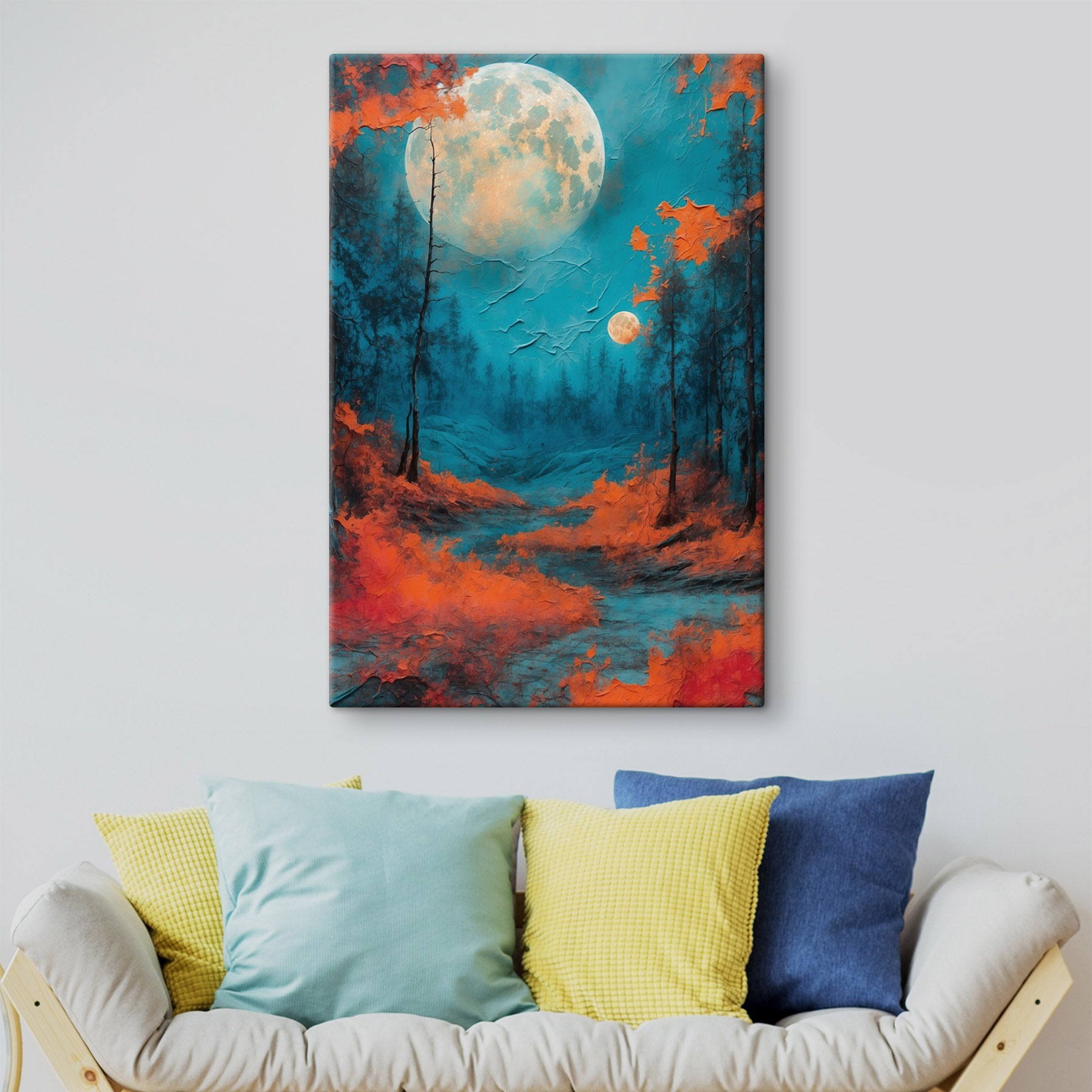 Painting of a forest with orange leaves and a full moon