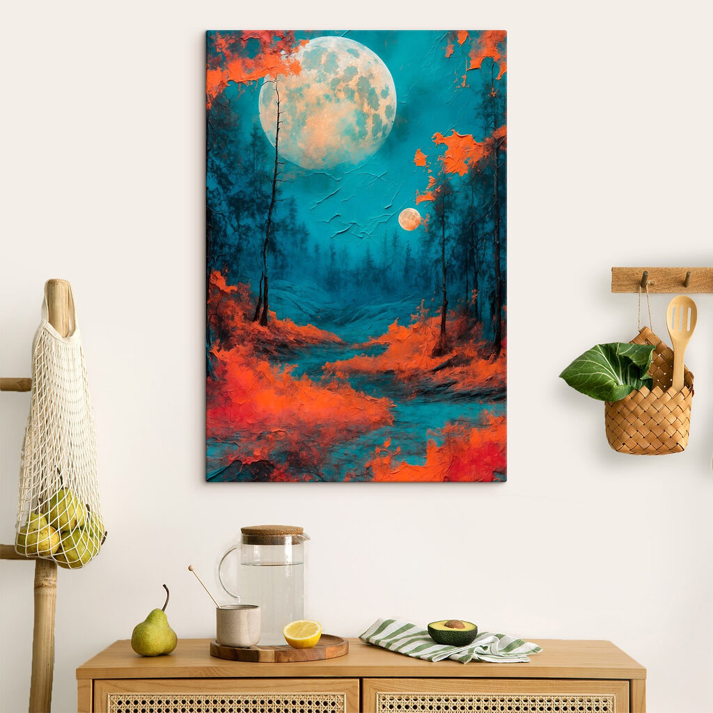 Painting of a forest with orange leaves and a full moon