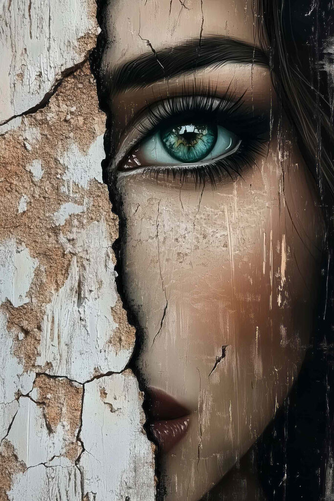 Woman's face with a cracked wall