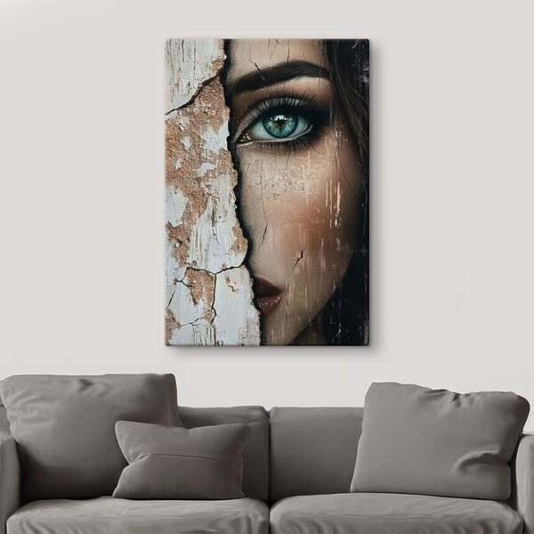 Woman's face with a cracked wall