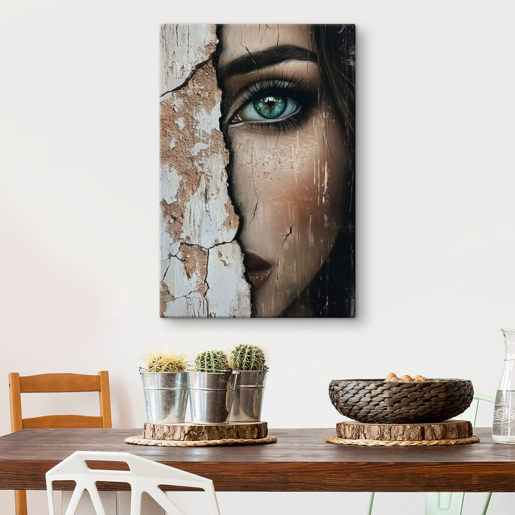 Woman's face with a cracked wall