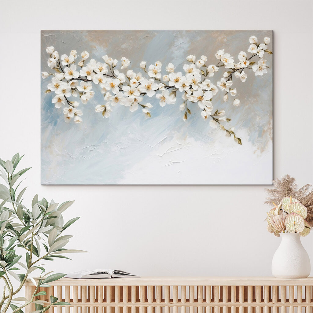 Painting of white flowers on a branch