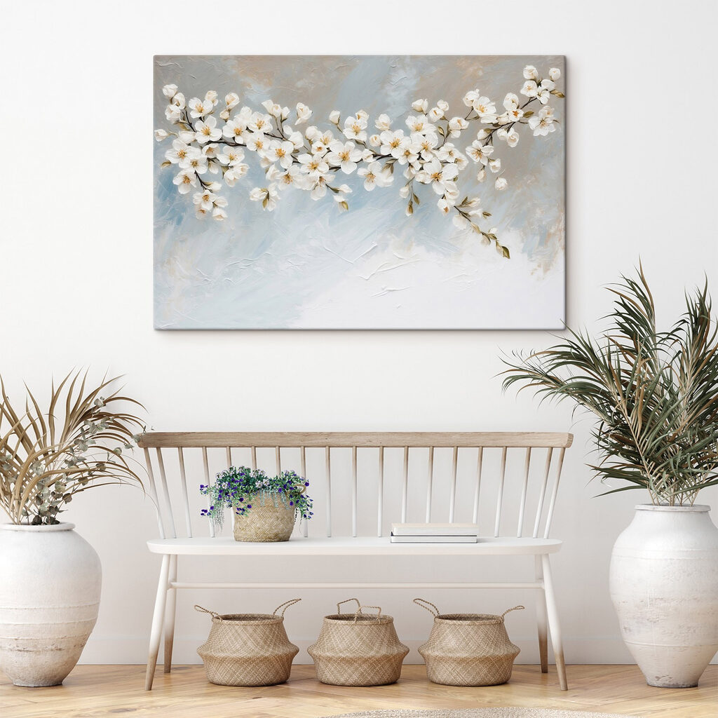 Painting of white flowers on a branch