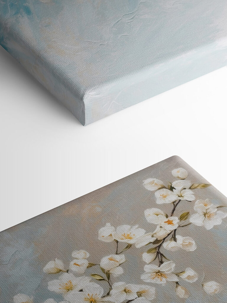 Painting of white flowers on a branch
