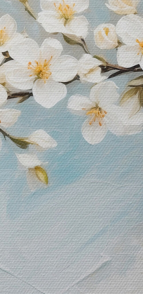Painting of white flowers on a branch