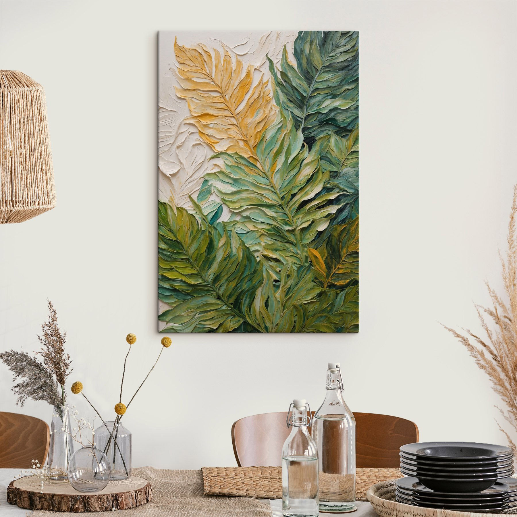 Painting of leaves on a white surface