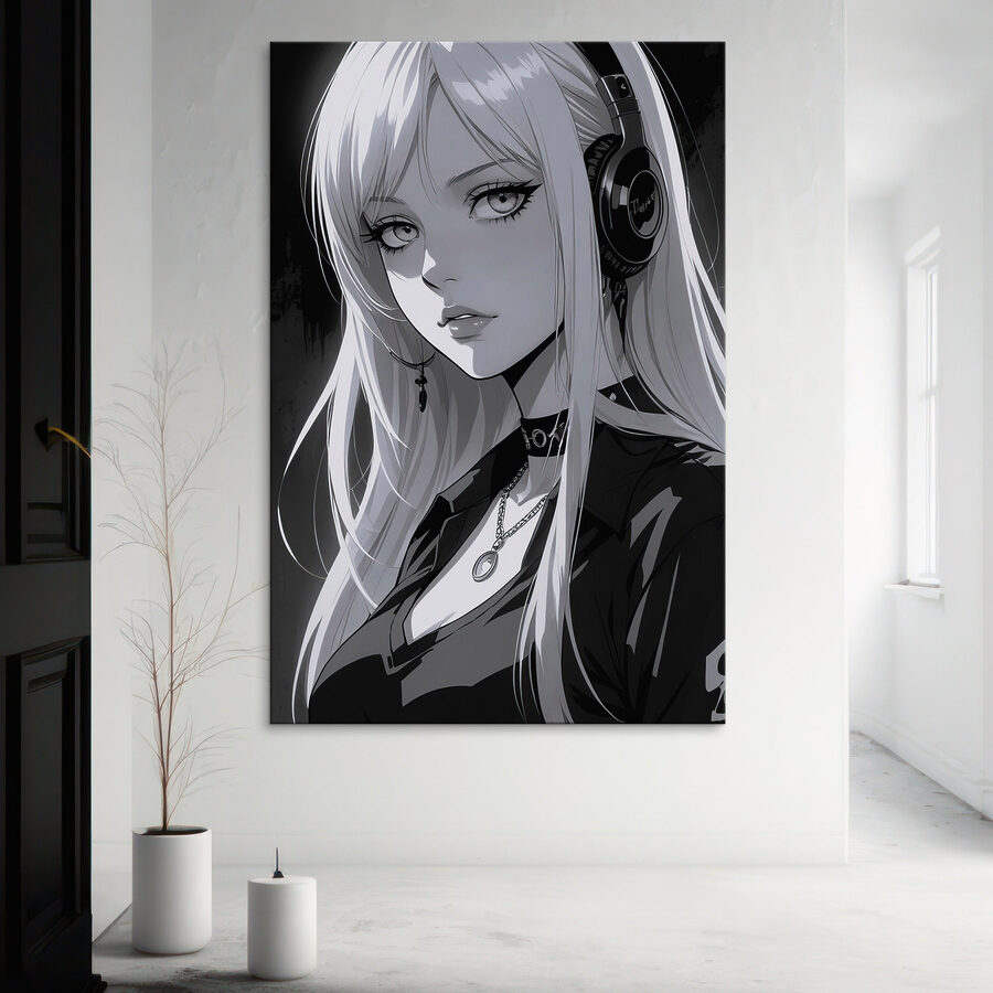 Žena s dlouhými blond vlasy se sluchátky na uších