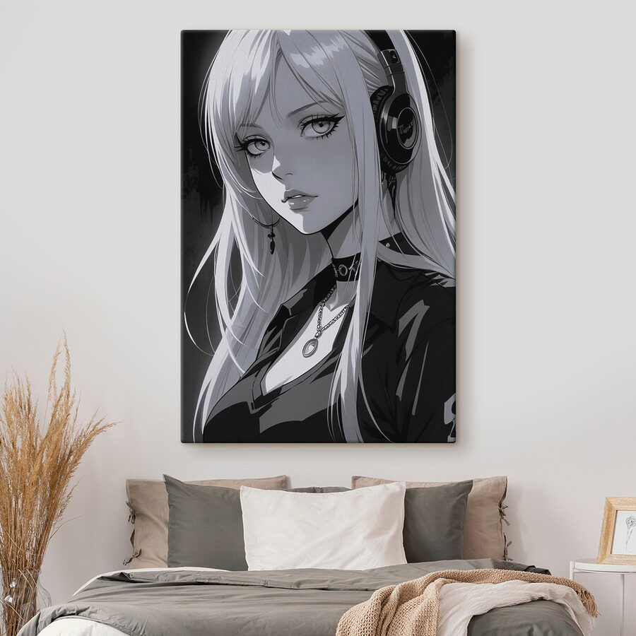 Žena s dlouhými blond vlasy se sluchátky na uších