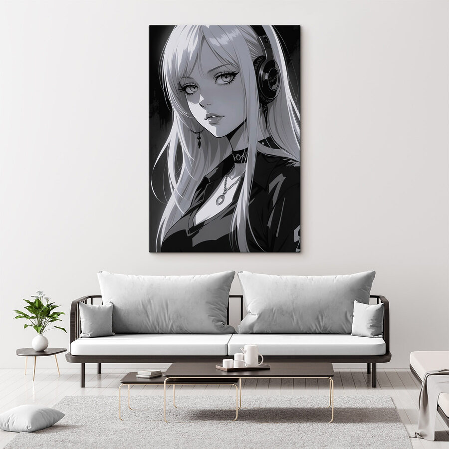 Žena s dlouhými blond vlasy se sluchátky na uších