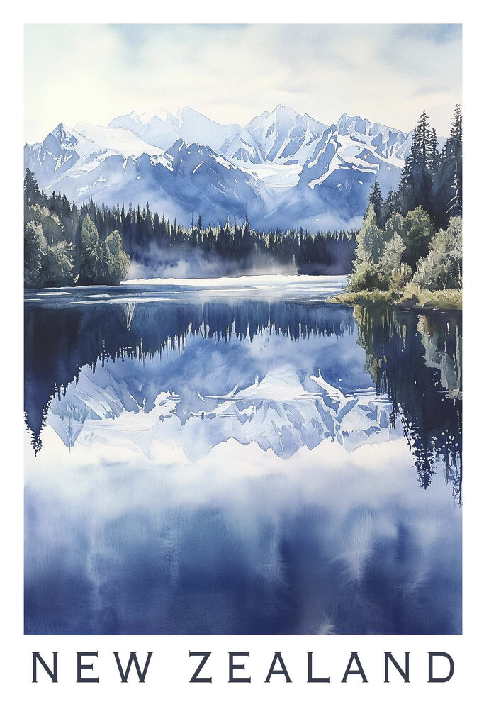 Watercolor of a lake with trees and mountains in the background