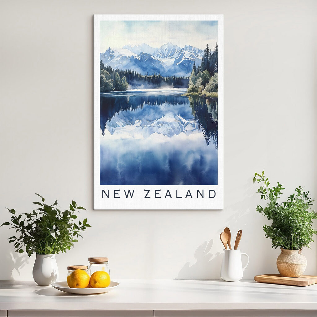 Watercolor of a lake with trees and mountains in the background