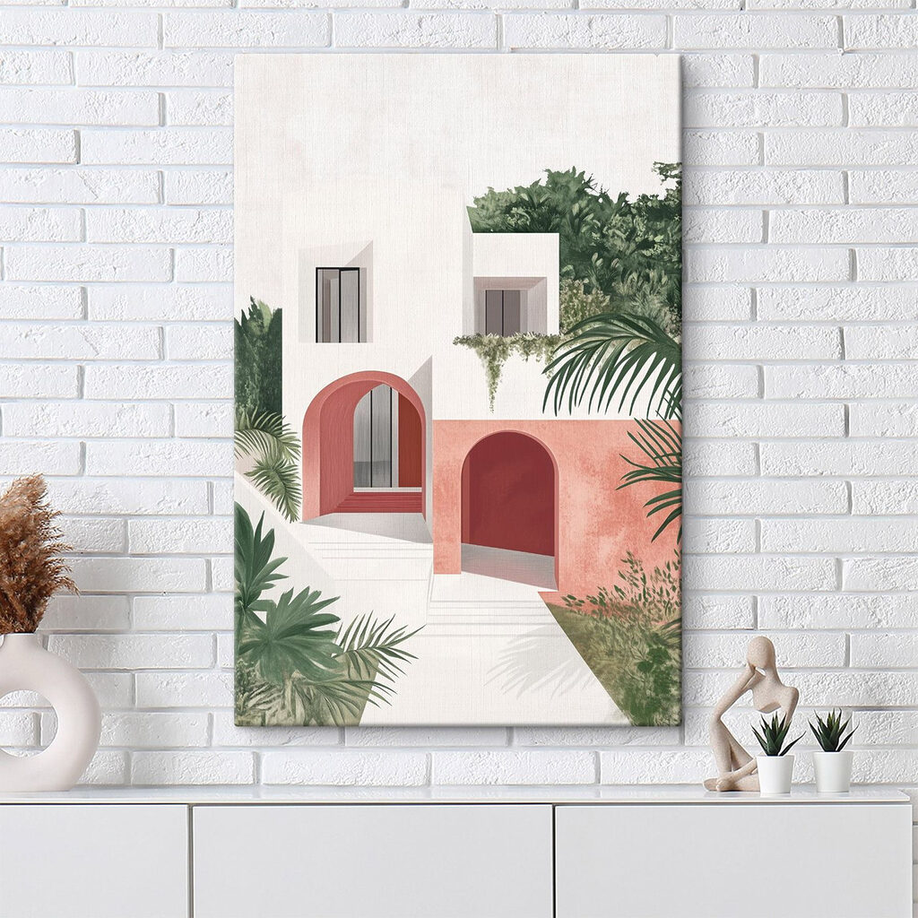 White and pink house with trees