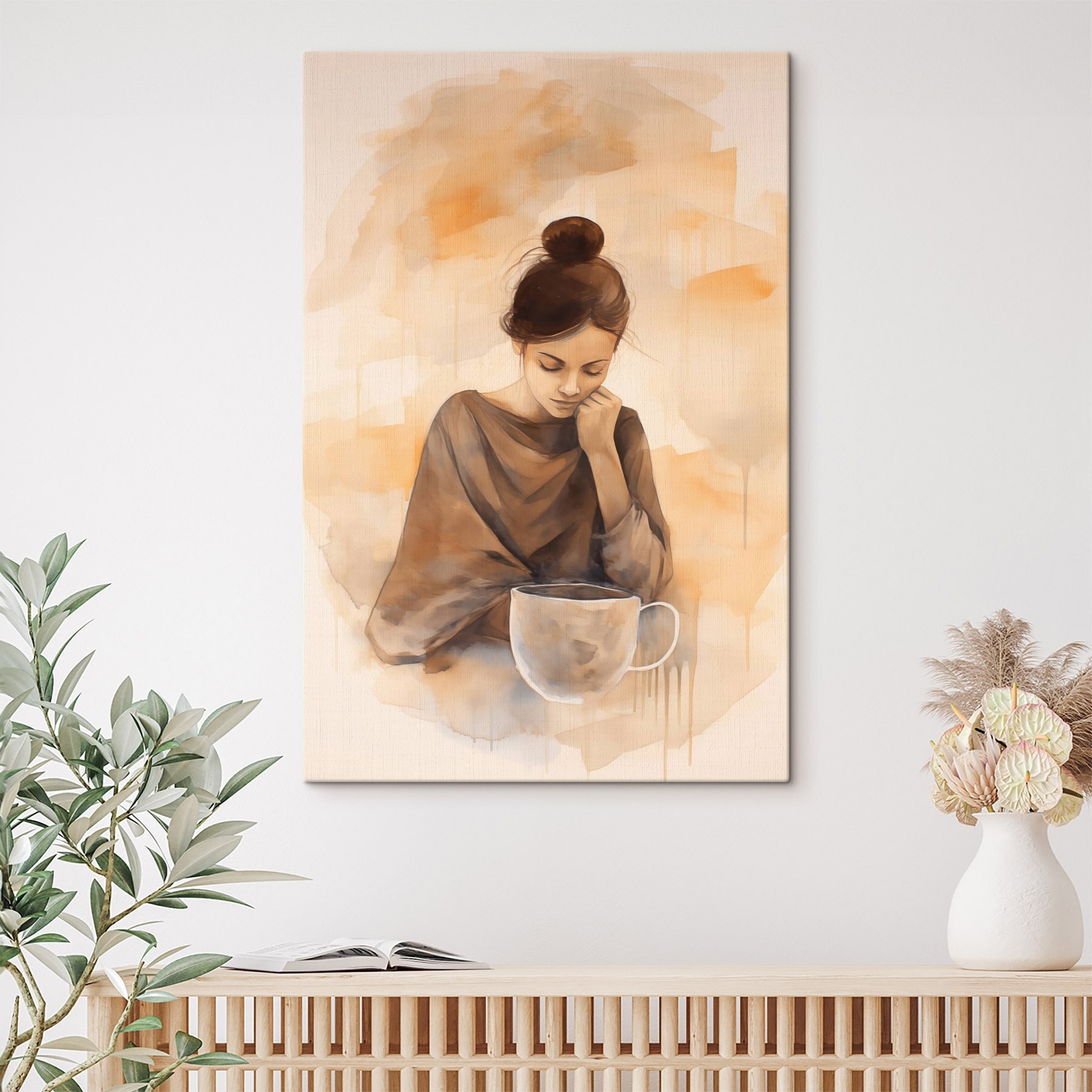 Woman with her hand on her face looking down at a cup of coffee