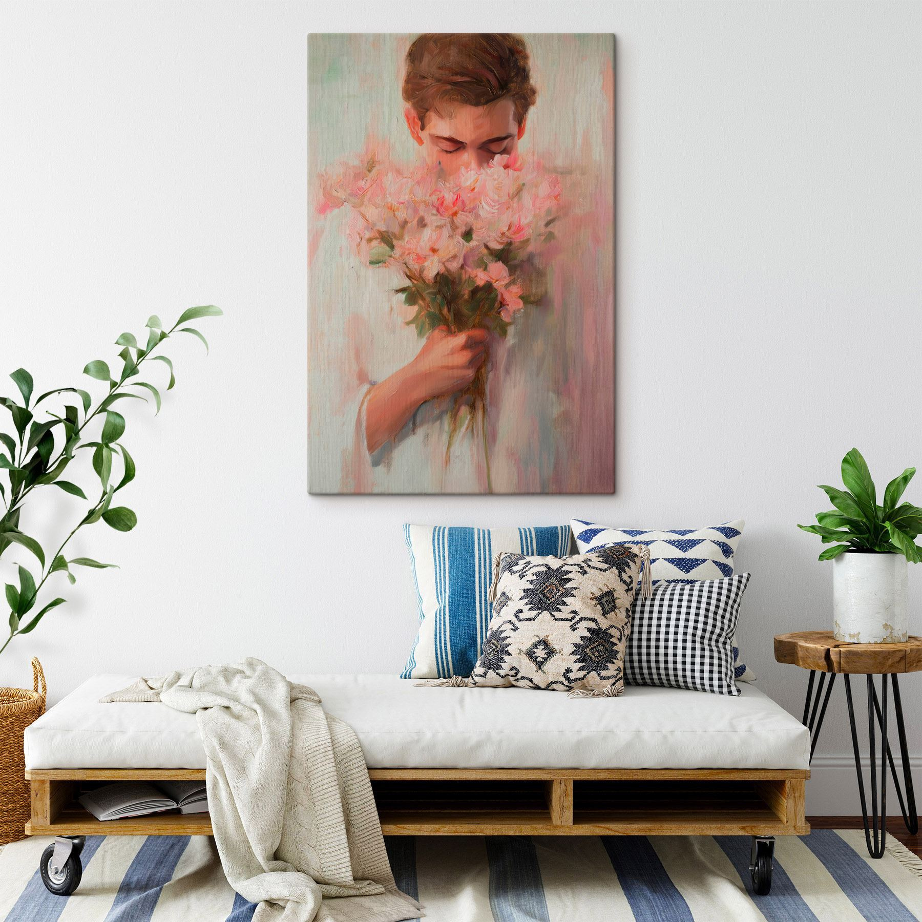 Painting of a man smelling flowers