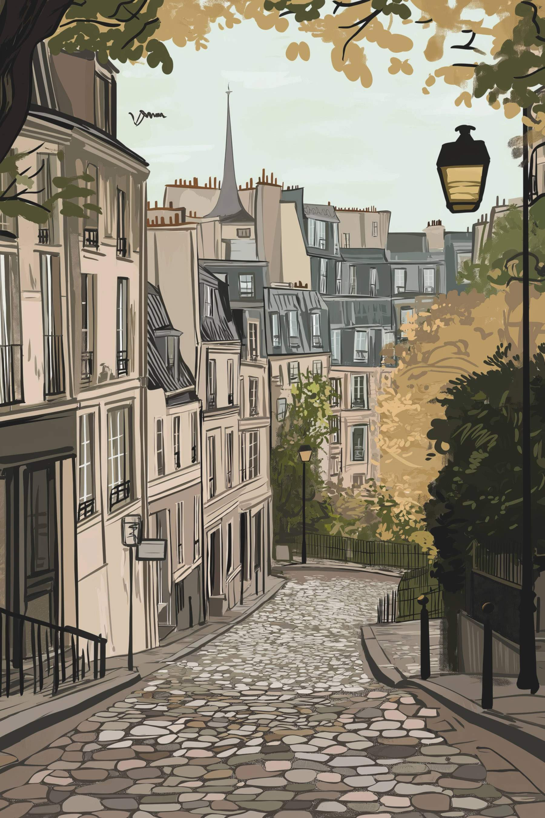 Street with buildings and a lamp post