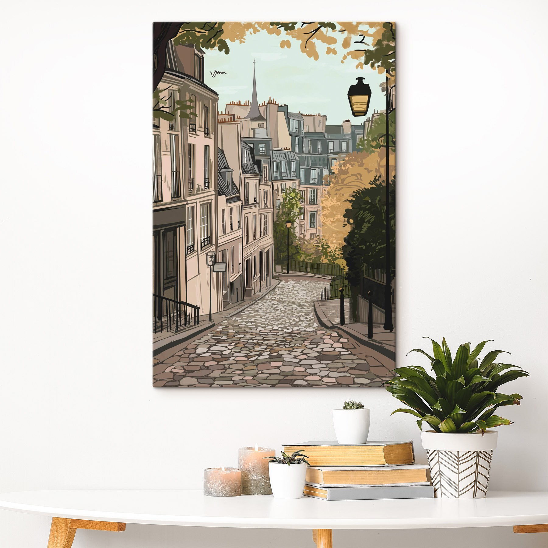 Street with buildings and a lamp post