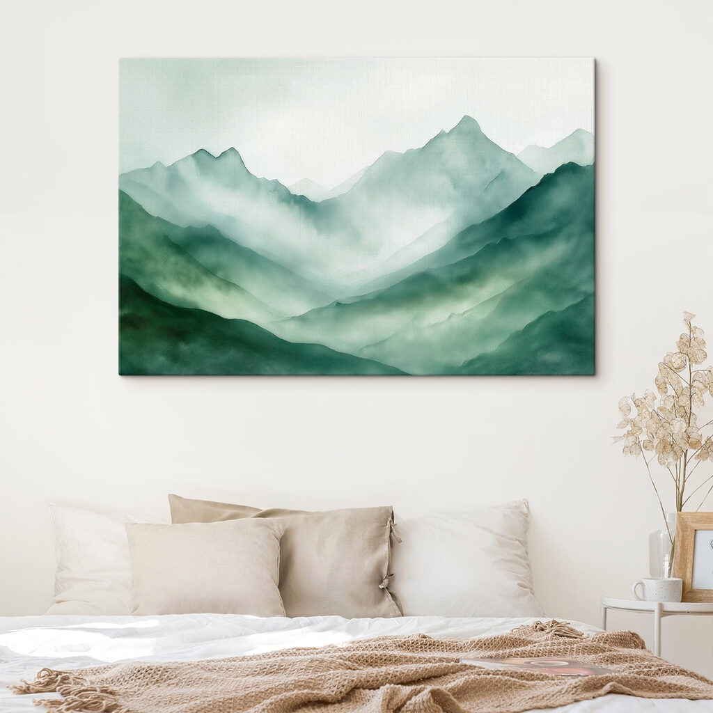 Painting of mountains and fog