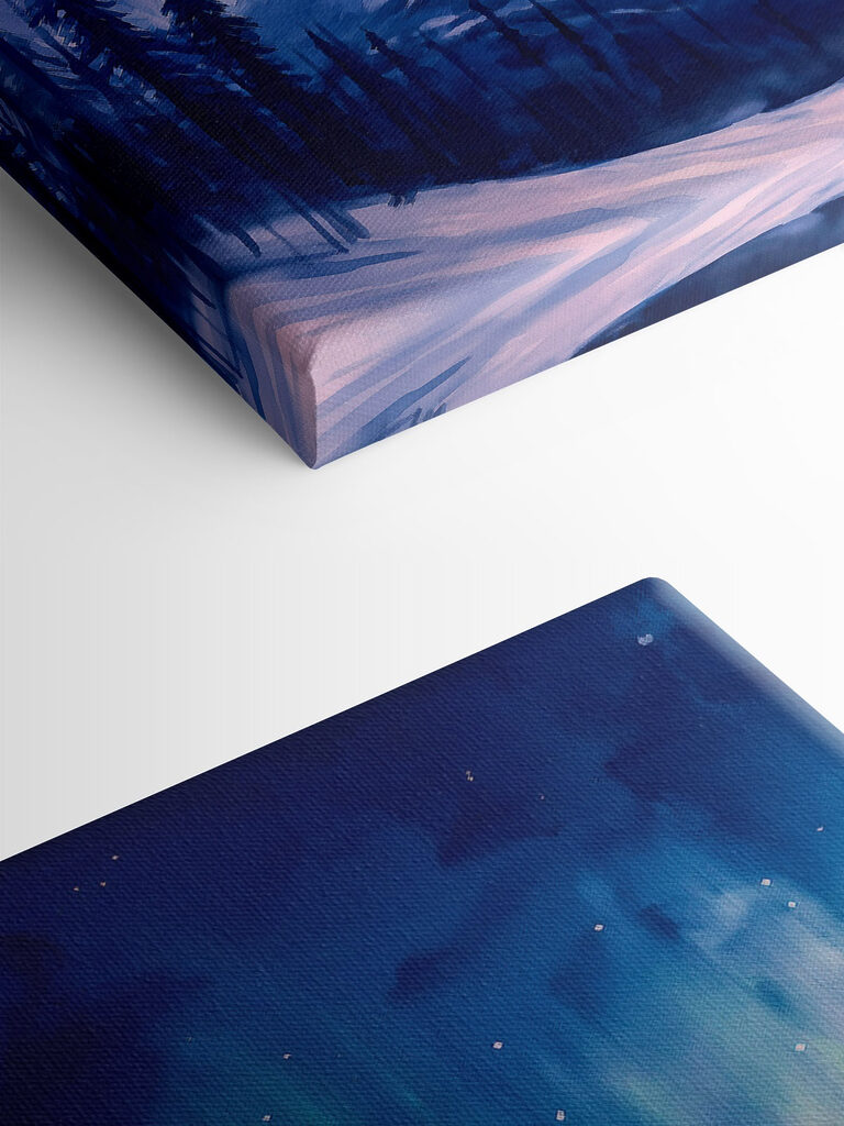 Painting of a mountain with trees and aurora borealis