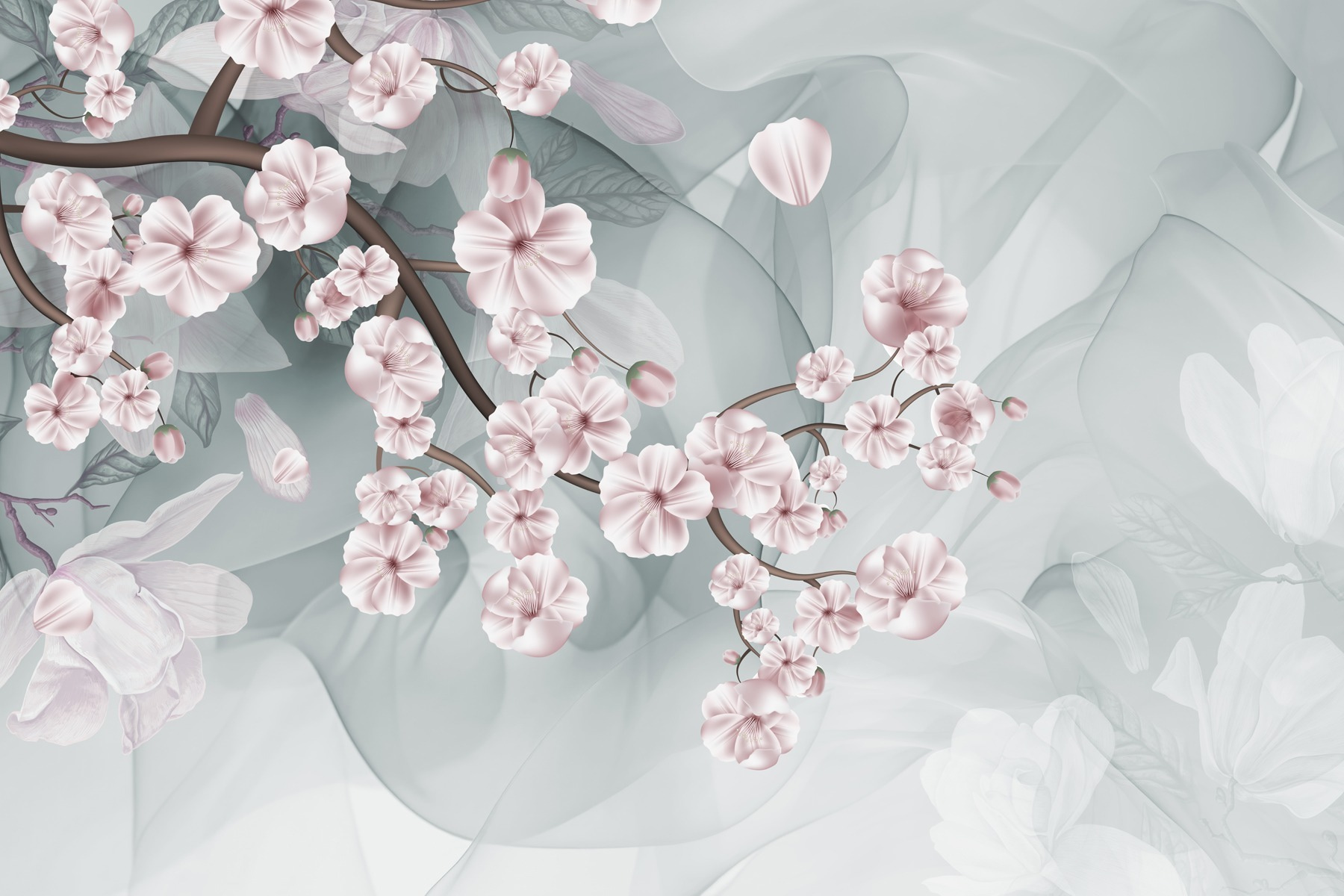 Branch with pink flowers and white flowers