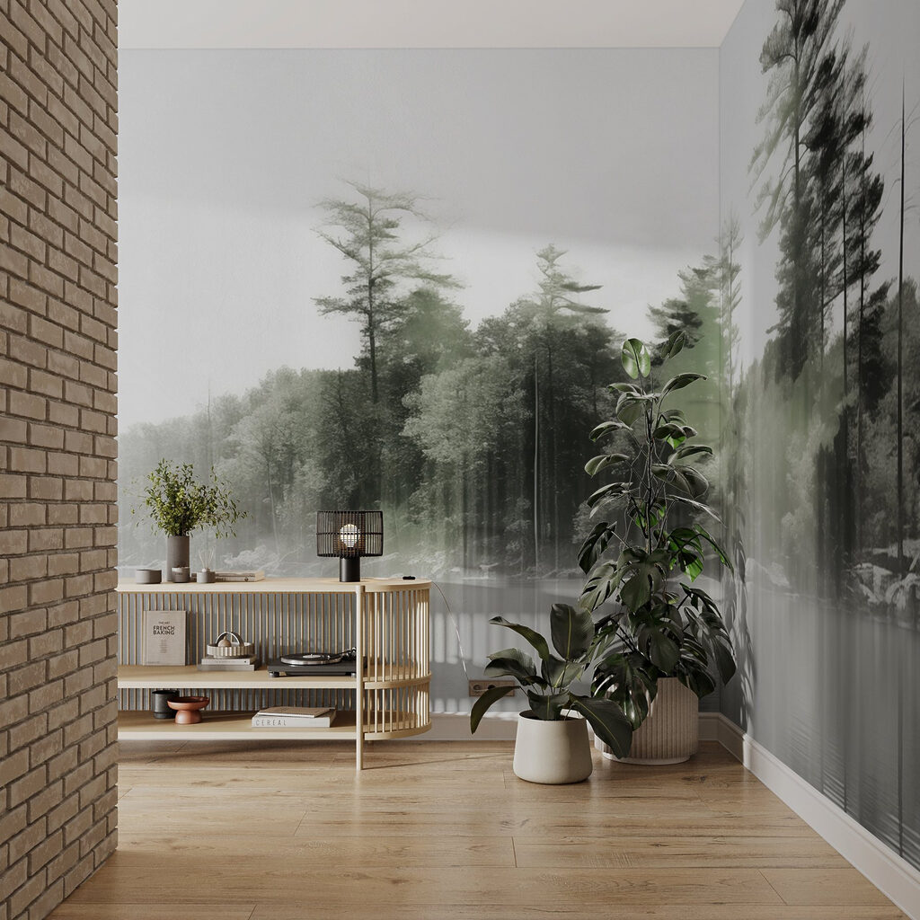 Body of water with trees and fog