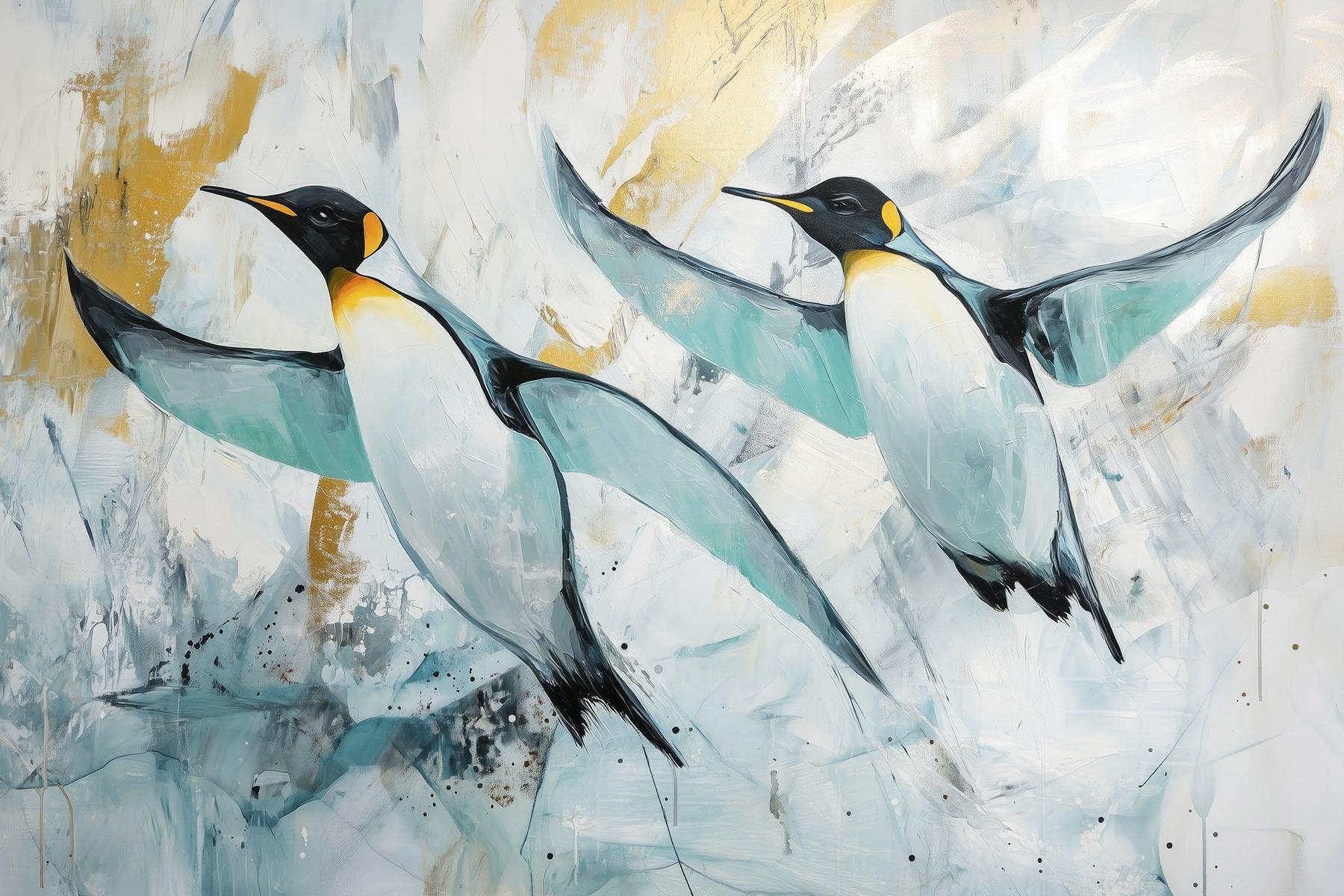 Painting of penguins flying Painting of penguins flying