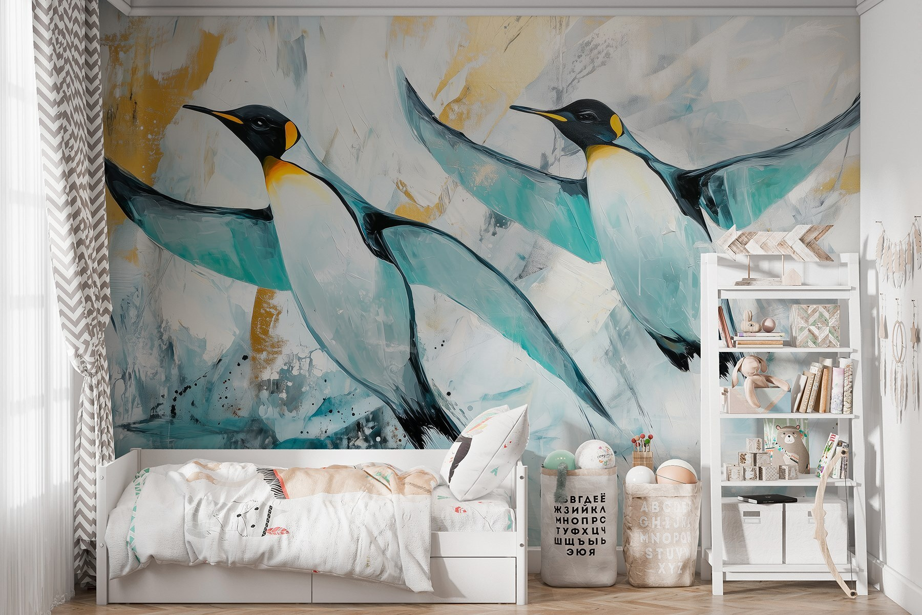 Painting of penguins flying Painting of penguins flying