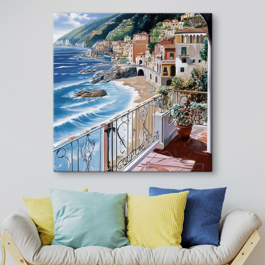 Balcony overlooking a beach and a town