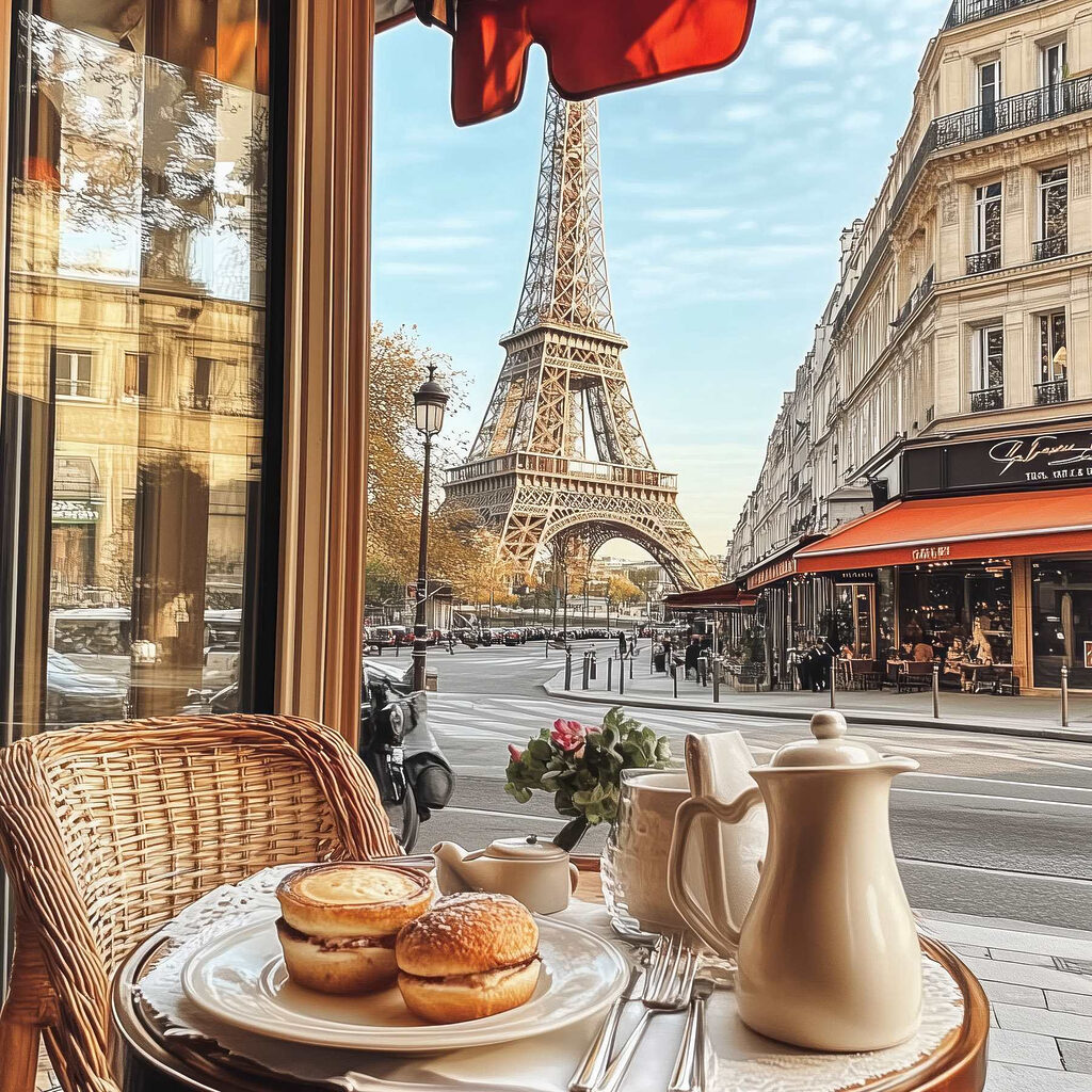 Table with food on it and a table with a tower in the background