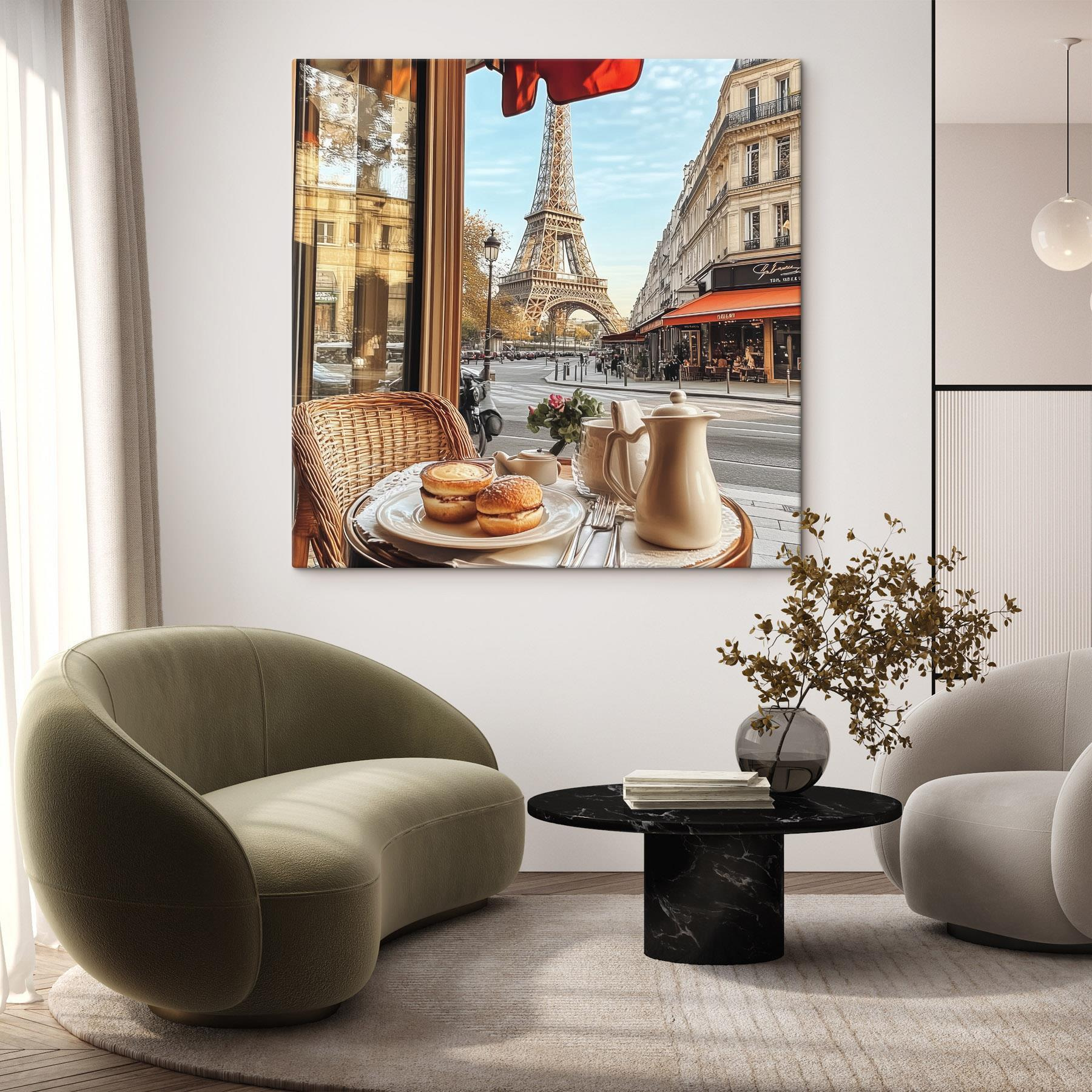 Table with food on it and a table with a tower in the background