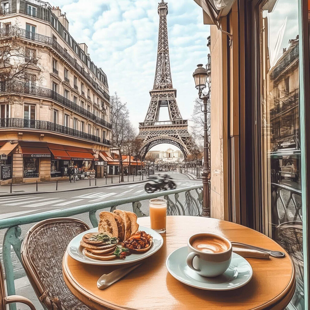 Table with a plate of food and a cup of coffee on it
