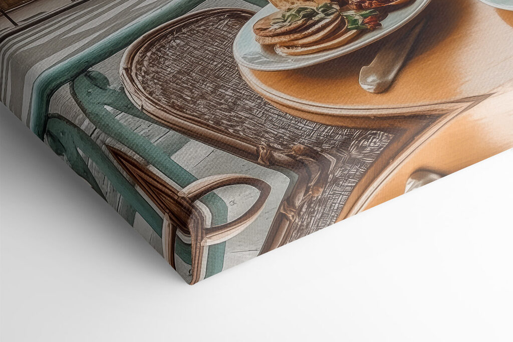 Table with a plate of food and a cup of coffee on it