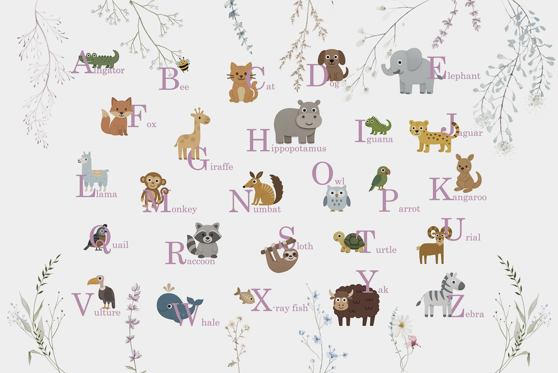 Wallpaper with animals and letters Wallpaper with animals and letters