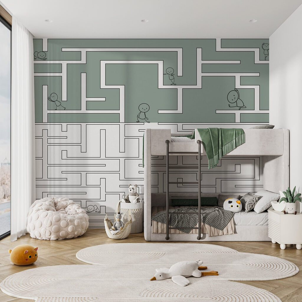 Maze game with cartoon people walking through the maze