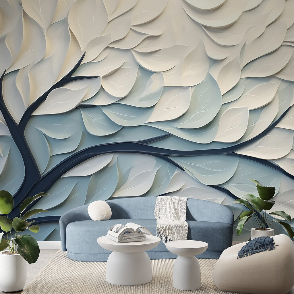 White and blue tree with leaves