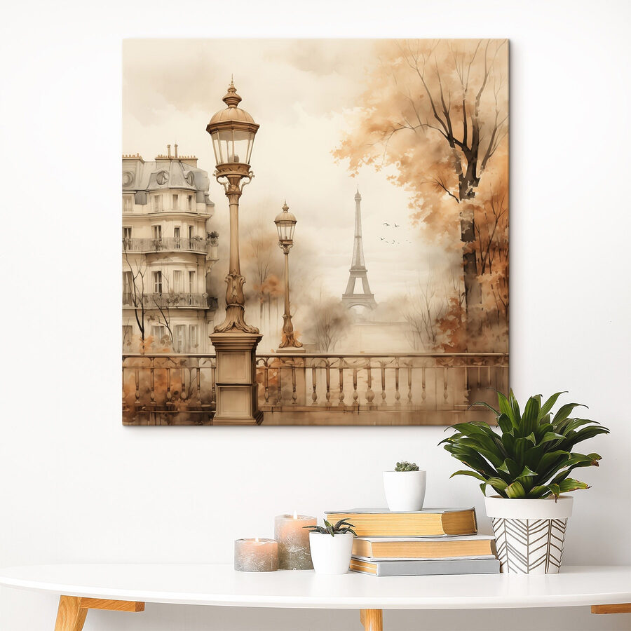 Pouliční lampa a stromy s věží v pozadí