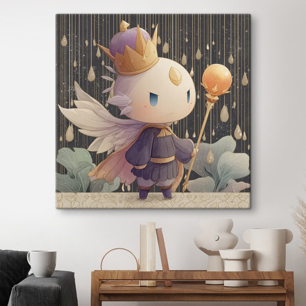 Cartoon of a little angel with wings and a crown holding a staff
