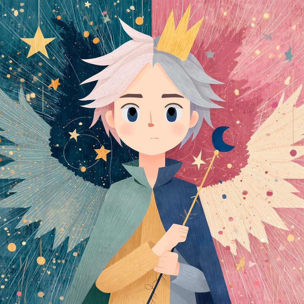Cartoon of a boy with wings and a crown Cartoon of a boy with wings and a crown
