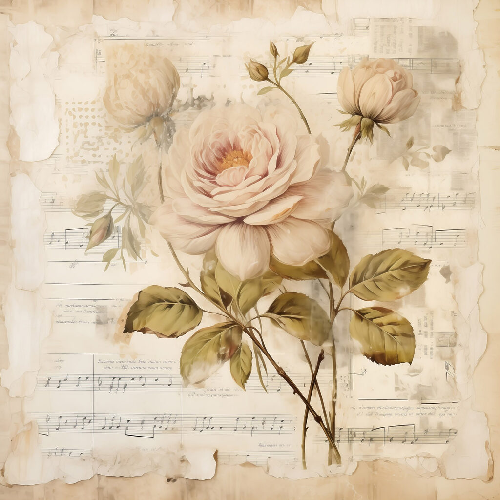 Painting of flowers on a sheet of music
