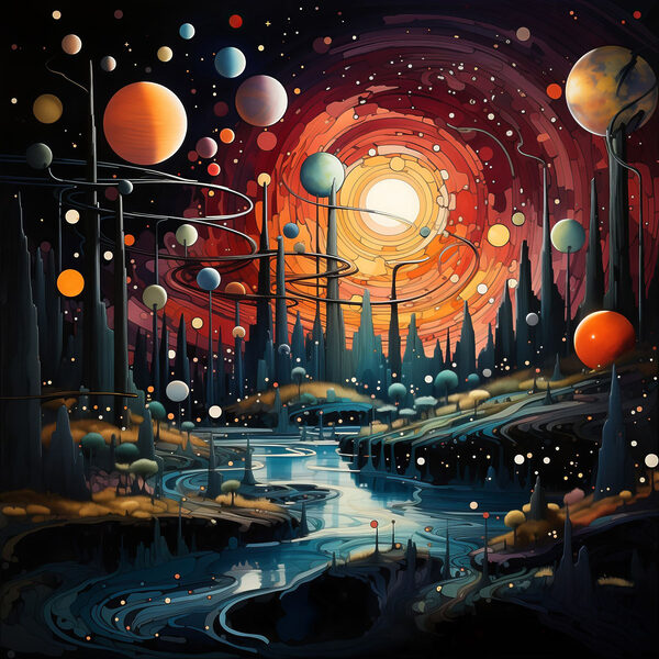 Krajina se stromy a planetami Krajina se stromy a planetami
