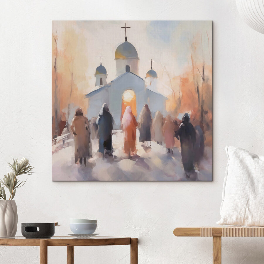 Skupina lidí jdoucích před kostelem