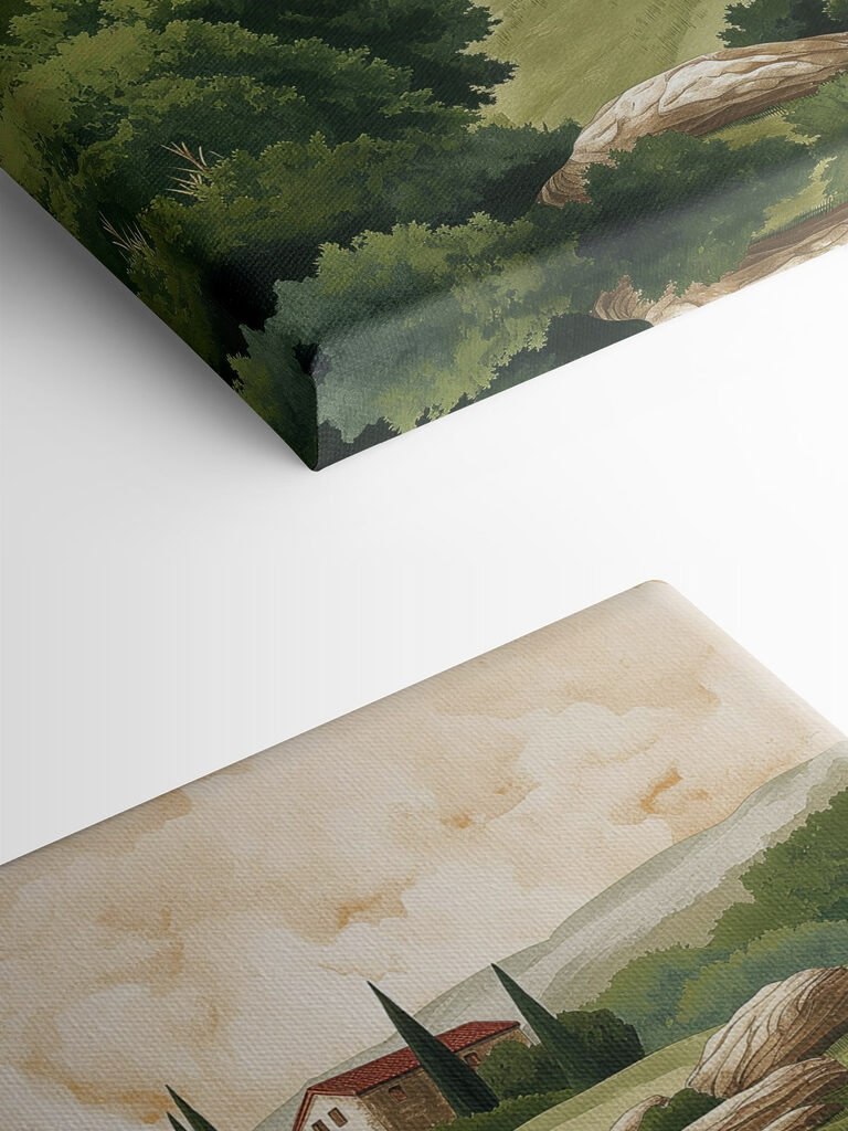 Painting of a landscape with houses and trees