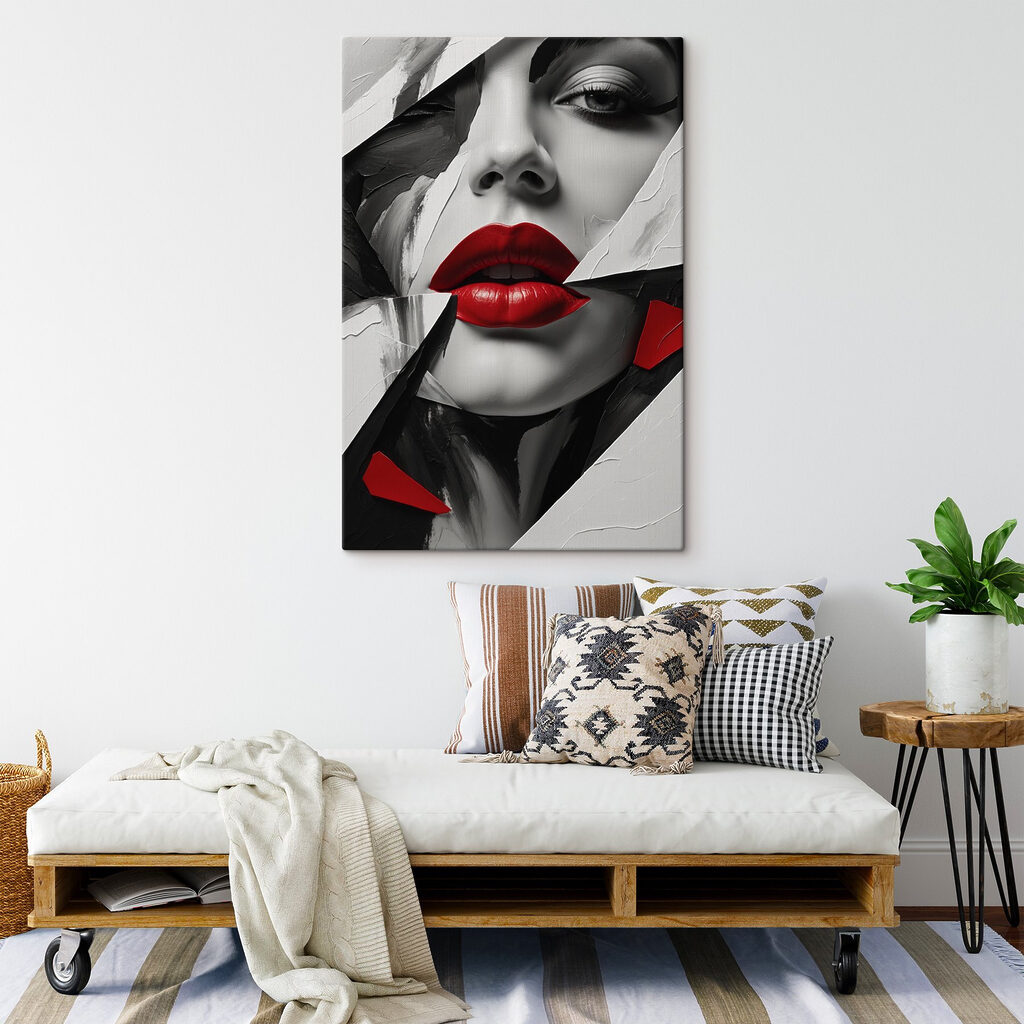 Red lips amidst abstract design