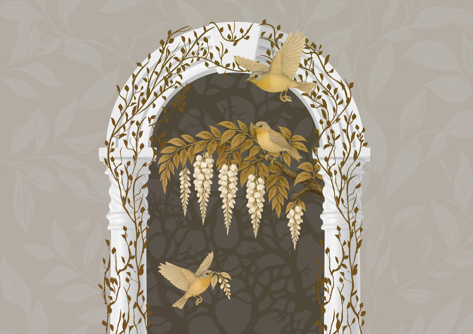 t00005p - Bílý oblouk s přeletujícími ptáky - tegory