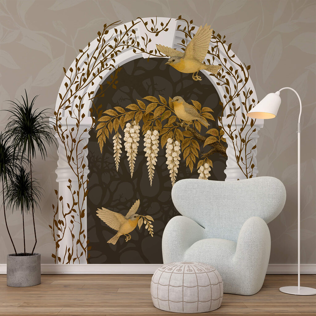 Bílý oblouk s přeletujícími ptáky