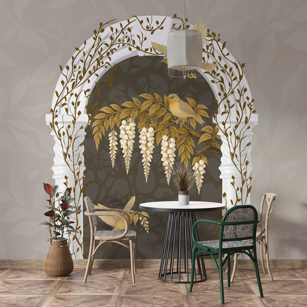 Bílý oblouk s přeletujícími ptáky