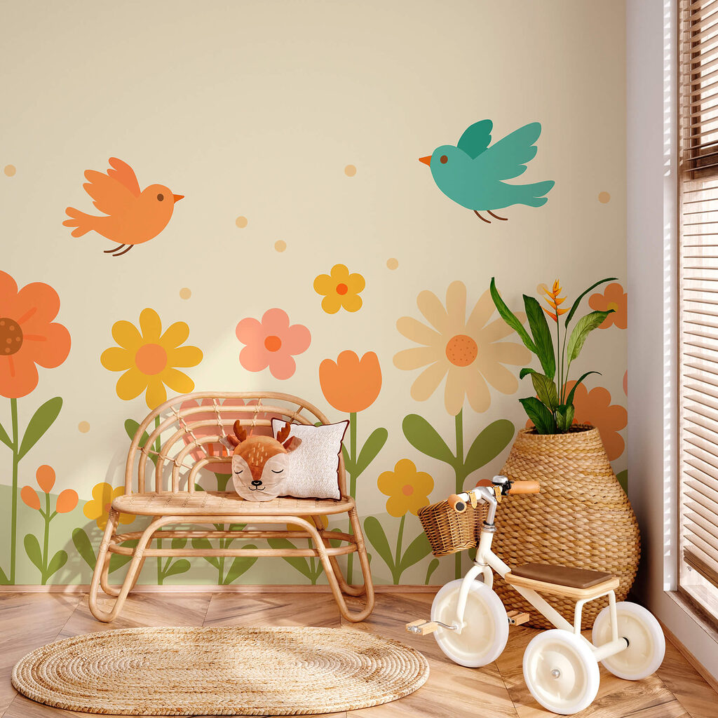 Ptáci létající nad květinami