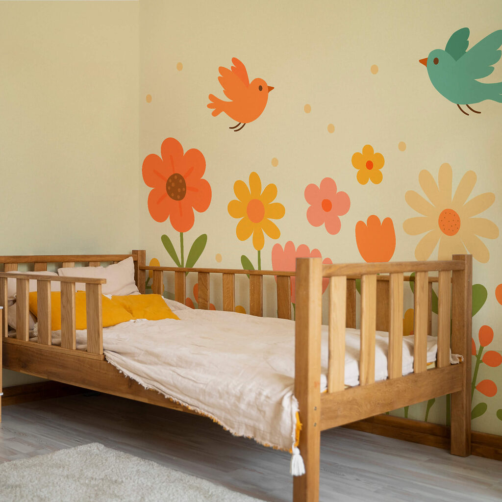 Ptáci létající nad květinami