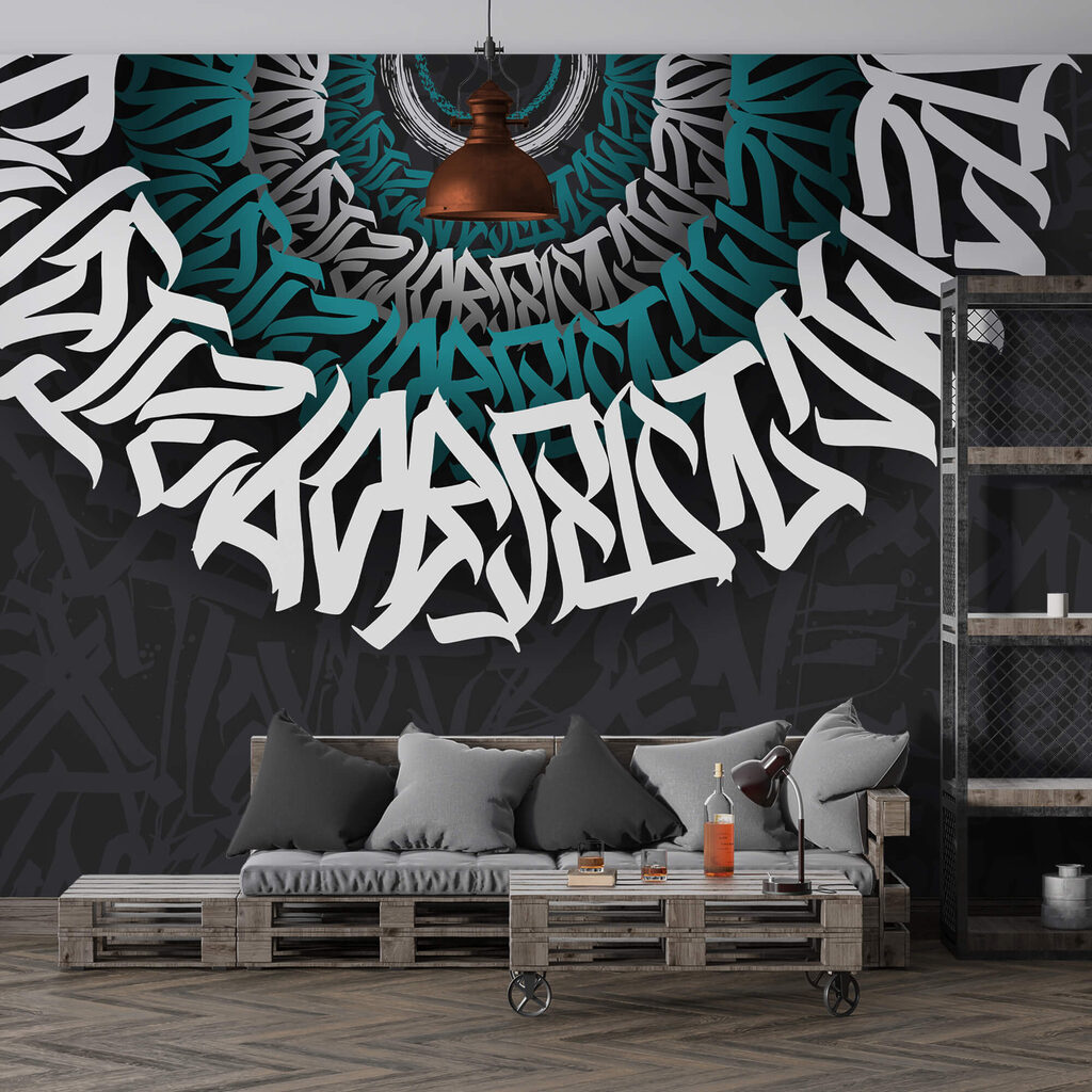 Bílé a modré graffiti na černém pozadí Bílé a modré graffiti na černém pozadí