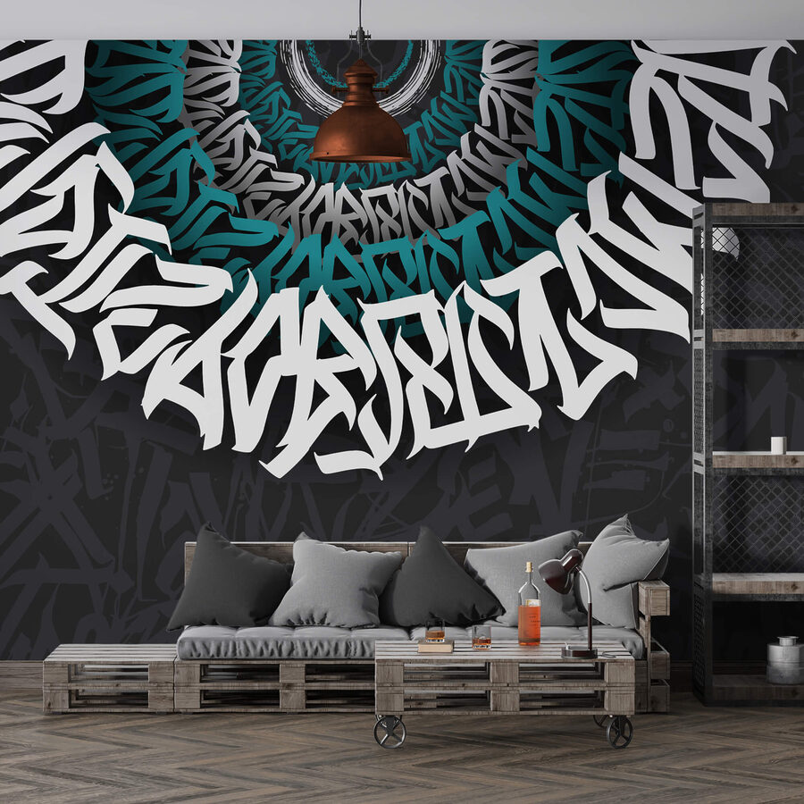 Fototapeta Bílé a modré graffiti na černém pozadí - Image 2